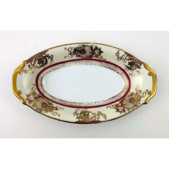 Meito China Oval Bowl Dish Gold Burgundy Trim Japan Hand Painted Vintage - Picture 10 of 10